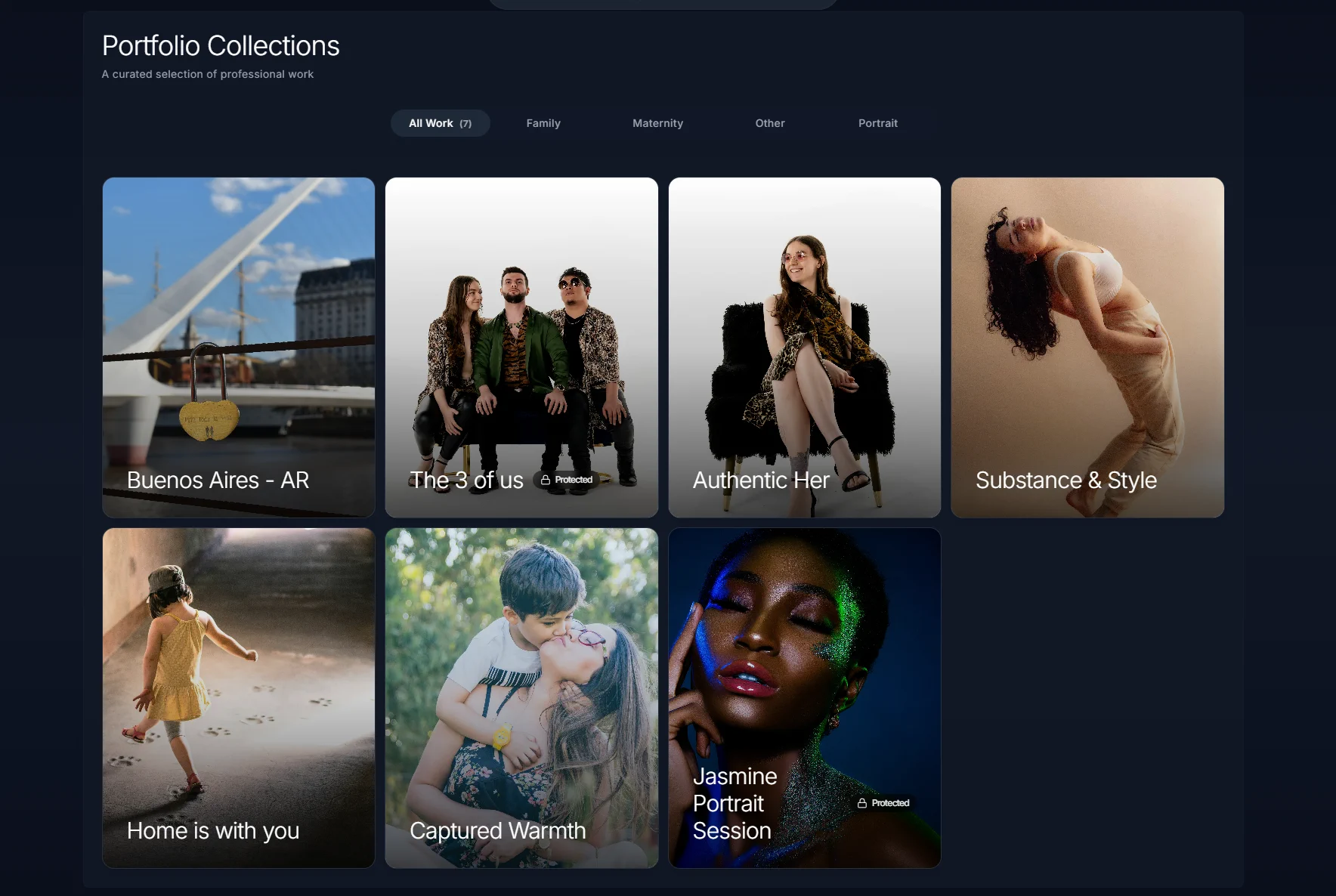 GaleoSelect portfolio page showing a photographer's curated collections